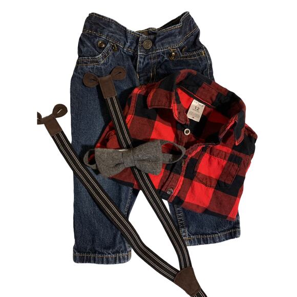 Carter’s 12M Buffalo Check Holiday Outfit with Suspenders & Bow Tie - Picture 1 of 5